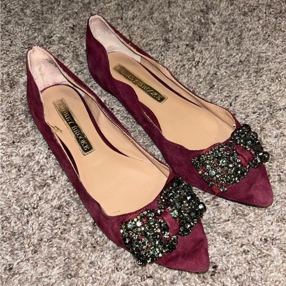 Audrey Brooke Elegant Burgundy suede Flats with Embellished Buckle - Picture 1 of 4